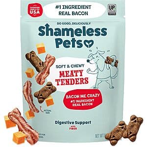 8-ounce package of Shameless Pets Soft & Chewy Dog Treats in Bacon flavor with product packaging visible.