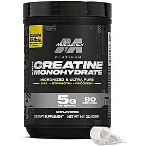 MuscleTech Platinum Creatine Monohydrate powder in white container with 80 servings labeled.