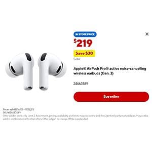 Apple AirPods Pro 3 Wireless Active Noise Canceling Earbuds $219 (In-Store Only)
