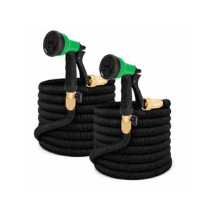 Two 25-foot expandable garden hoses with attached spray nozzles.