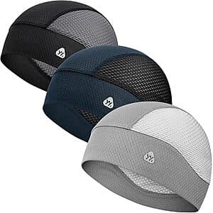 Three breathable mesh cooling skull cap helmet liners in dark color, designed to fit under helmets.
