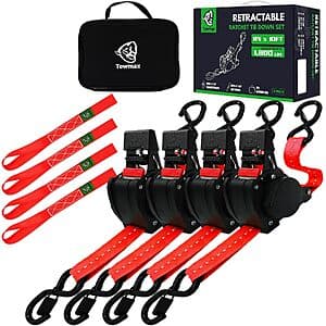 Towmax retractable ratchet straps set with 4 zinc-plated steel and polyester 1-inch by 10-foot straps, soft loops, and storage bag.