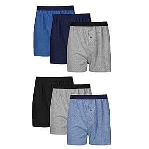 6-pack of Hanes men's boxers in classic cotton with exposed Comfortflex waistband, displayed flat.