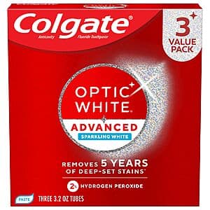 Three 3.2-ounce tubes of Colgate Optic White Advanced Hydrogen Peroxide Toothpaste in white and blue packaging labeled Sparkling White.