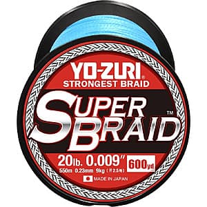 Yo-Zuri SuperBraid braided fishing line on a 600-yard spool in vibrant blue.