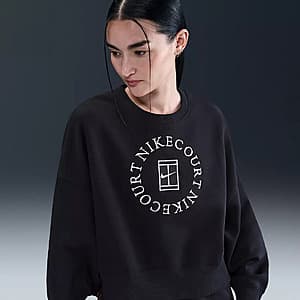 Black oversized fleece crewneck sweatshirt with Nike NikeCourt Heritage Phoenix branding.