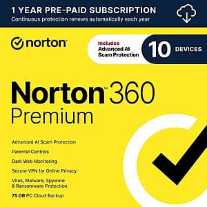 1-Year Norton 360 Premium 2026 (10 Devices, Auto-Renewal) $17