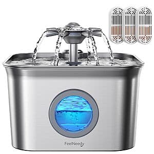 2.8L FEELNEEDY Stainless Steel Pet Water Fountain w/ 3 Filters $20
