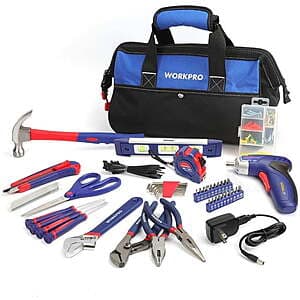 125-Pc WORKPRO Household Tool Kit w/ 3.6V Rechargeable Screwdriver & Bag $36 + Free S&H