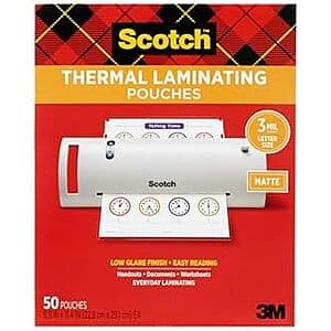 50-Pack 3mil Scotch Thermal Laminating Pouches (8.9" x 11.4") $5.80