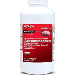 White bottle of 1,000-count Amazon Basic Care Extra Strength Acetaminophen 500-mg caplets on a plain background.