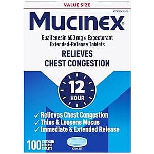 100-Count Mucinex 12 Hour Chest Congestion Expectorant Tablets $22 w/ Subscribe & Save + Free S&H