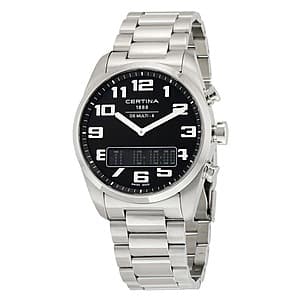 Certina DS Multi-8 watch with black dial, 42mm silver stainless steel case, and sapphire crystal.