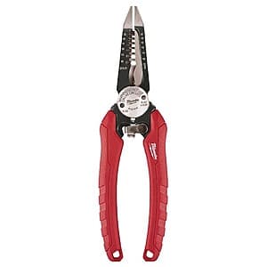 Milwaukee 7.75-inch combination pliers with red and black handle, featuring integrated wire stripper and cutter functions.