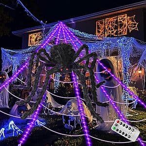 16.4-foot illuminated spider web with white lights and poseable 48-inch black spider for Halloween outdoor decoration.
