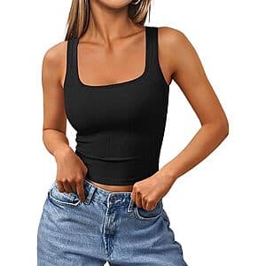 Black ribbed cropped tank top with square neckline, displayed flat on a white background.