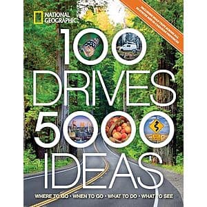 Paperback travel guide book titled "100 Drives, 5,000 Ideas: Where to Go, When to Go, What to Do, What to See".