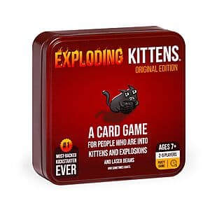 Exploding Kittens card game box with collectible tin storage container.
