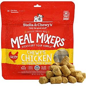 3.5-ounce package of Stella & Chewy's Freeze Dried Raw Meal Mixers Dog Food Topper in Chicken flavor with product branding and packaging visible.