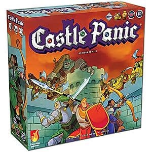 Castle Panic 2nd Edition board game box with cooperative gameplay components and castle defense theme.