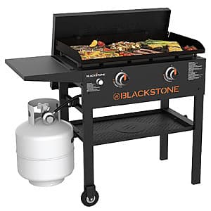 Blackstone 28-inch outdoor flat top griddle with two burners and matching hard cover, featuring stainless steel construction and black finish.