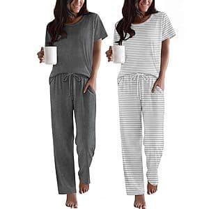 Two-pack of Ekouaer women's short sleeve pajama sets displayed with various color options available.