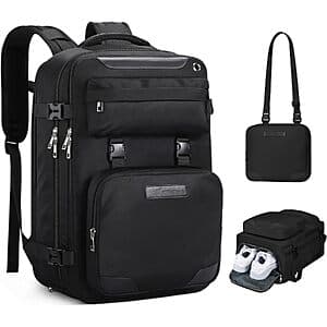 Black Maelstrom 17.3-inch carry-on travel backpack with multiple compartments and handles.