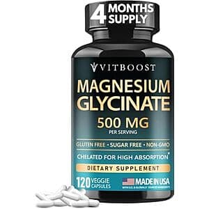 VitBoost Magnesium Glycinate 500mg Sleep Support bottle containing 120 capsules.