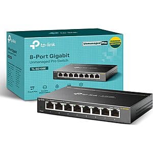 TP-Link TL-SG108E 8-port gigabit network switch with black casing and multiple RJ45 ports.