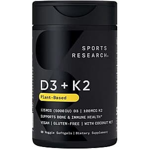 60-ct Sports Research Vegan D3 5000 IU + K2 100mg Softgels $11.75 w/ Subscribe & Save