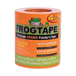 Four rolls of orange FrogTape ProGrade painter's tape, each 1.41 inches wide and 60 yards long, displayed with product packaging.