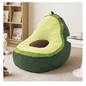 Ultra-soft avocado-shaped faux fur chair in green, featuring a plush polyester cover and rounded fruit silhouette design.