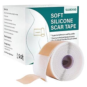 Medical-grade silicone scar tape roll in a compact white or clear cylindrical container, showing 1.6 inch width measurement on packaging.
