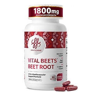 90-count bottle of iMATCHME Vital Beets 1800mg beet root capsules with purple labeling.