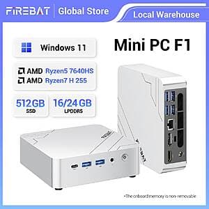 Firebat F1 Mini PC: Ryzen 5 7640HS, 24GB LPDDR5, 512GB SSD, Win11 $332 + Free S&H
