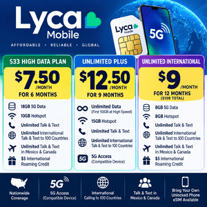 Lyca Mobile service plan promotional graphic displaying high data plan features with 5G connectivity and international calling options.