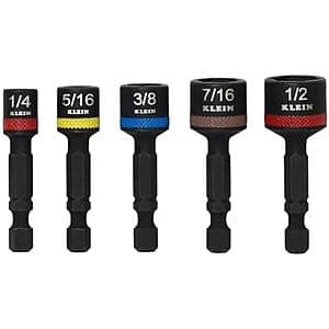 Klein Tools 32925S 5-piece magnetic impact nut setter and driver set with metal components and magnetic tips.