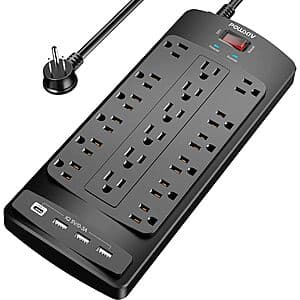 Powsav 18-Outlet 6' Flat Plug Surge Protector w/ 4 USB Ports (Black) $18