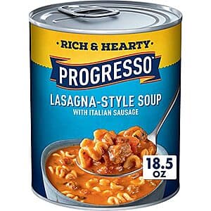 Progresso Rich & Hearty Lasagna-Style Soup with Italian Sausage, 18.5 oz can with red label showing Italian sausage and pasta ingredients.