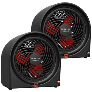 Two compact cylindrical Sharper Image by Vornado RADIUS 5H personal heaters in black with vented sides for air circulation.