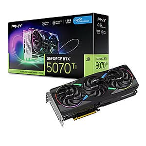 PNY NVIDIA GeForce RTX 5070 Ti graphics card with ARGB lighting, featuring dual fans and premium cooling design.