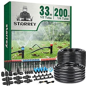 Starrey drip irrigation system kit containing coiled 1/2-inch and 1/4-inch tubing with 40 black emitters and brass fittings.