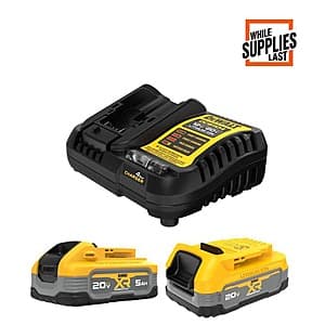 DEWALT 20V MAX XR POWERSTACK Lithium-Ion battery starter kit with two black batteries (5.0Ah and 1.7Ah), charger, and carrying case.