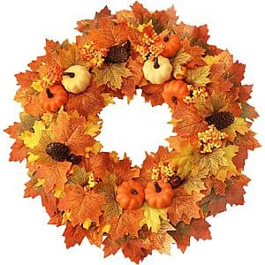 22-inch decorative fall wreath with artificial maple leaves in autumn colors, suitable for door and wall display.