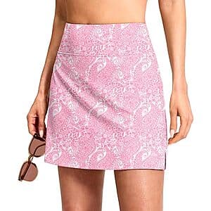 Viodia high-waisted A-line skort featuring pockets, shown in various color options, with 16" length measurement.