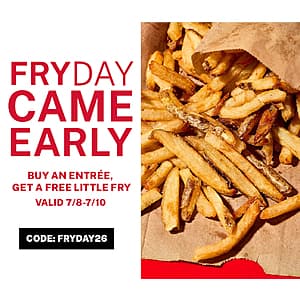 Five Guys Little Fry in a red and white paper container.
