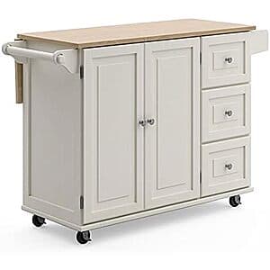 Off-white mobile kitchen island cart with natural wood drop leaf breakfast bar, brushed nickel hardware, and casters for mobility.