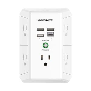 POWERIVER Outlet Extender w/ 1680J Surge, 5x AC, 3x USB-A, 1x USB-C $8.50