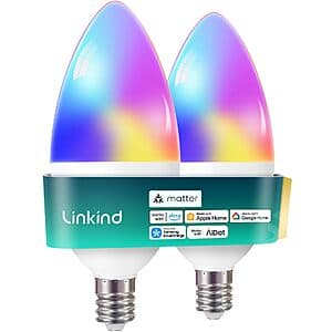 Two Linkind Matter E12 candelabra-base smart LED bulbs with 470LM brightness and RGB color capability.