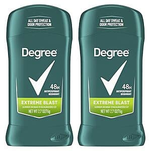 Two-pack of 2.7-oz Degree Men's Antiperspirant Deodorant sticks in Extreme Blast scent with blue and grey packaging.